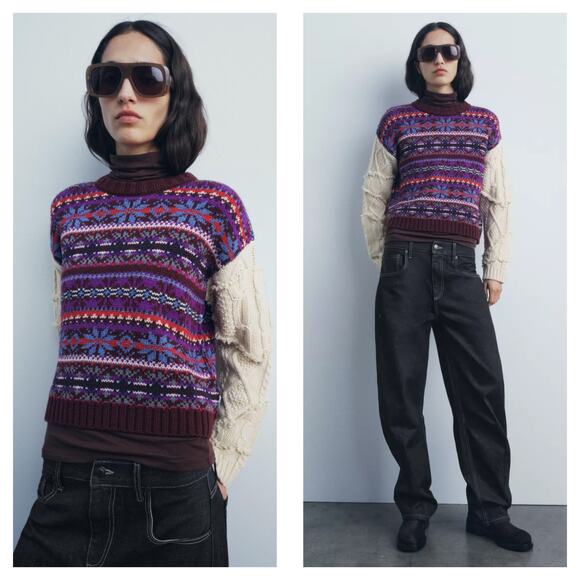 Zara Contrasting Knit Jacquard Sweater Size Small Purple Nordic Print Cable Knit - Picture 1 of 13